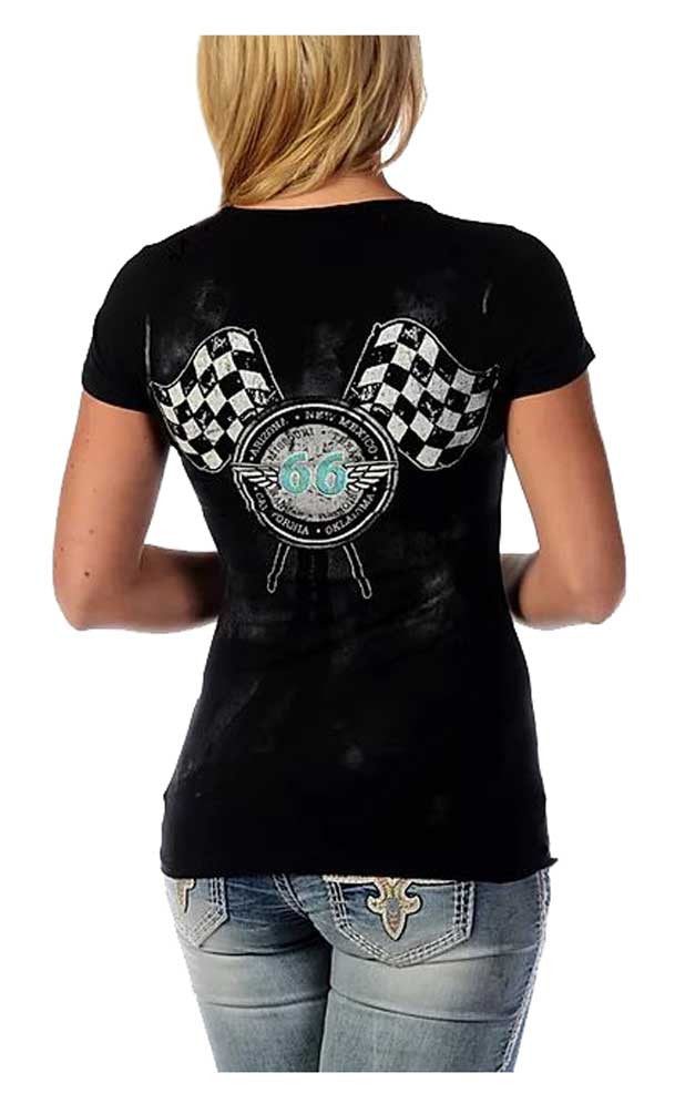 Liberty Wear Women's Bikin' Route 66 Embellished Short Sleeve V-Neck Tee, Black