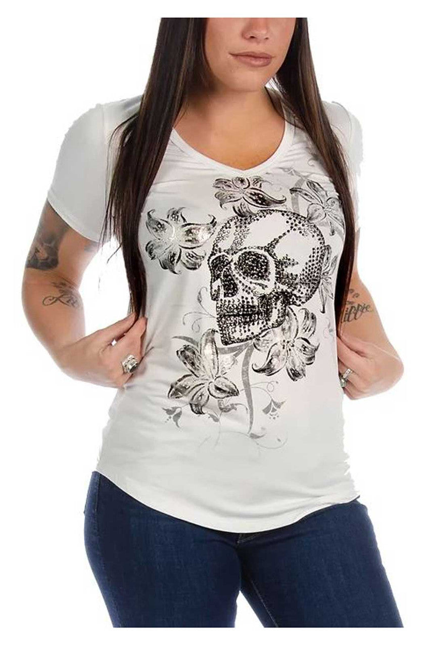 Liberty Wear Women's Lethal Lily Embellished V-Neck Short Sleeve Tee - Ivory