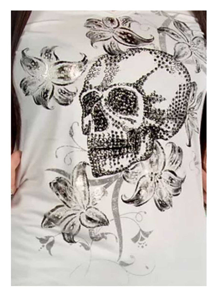 Liberty Wear Women's Lethal Lily Embellished V-Neck Short Sleeve Tee - Ivory