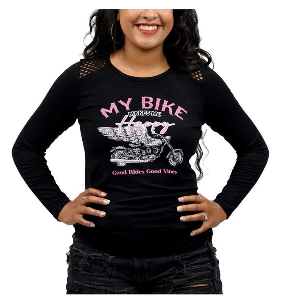 Liberty Wear Women's My Bike Embellished Long Sleeve Top w/ Mesh Insets - Black
