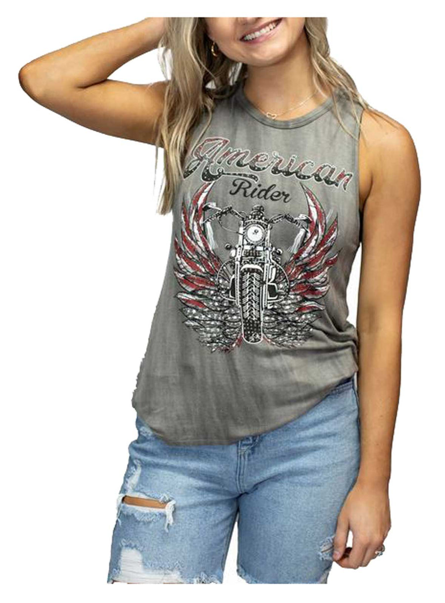 Liberty Wear Women's Embellished American Rider Sleeveless Tank Top - Gray