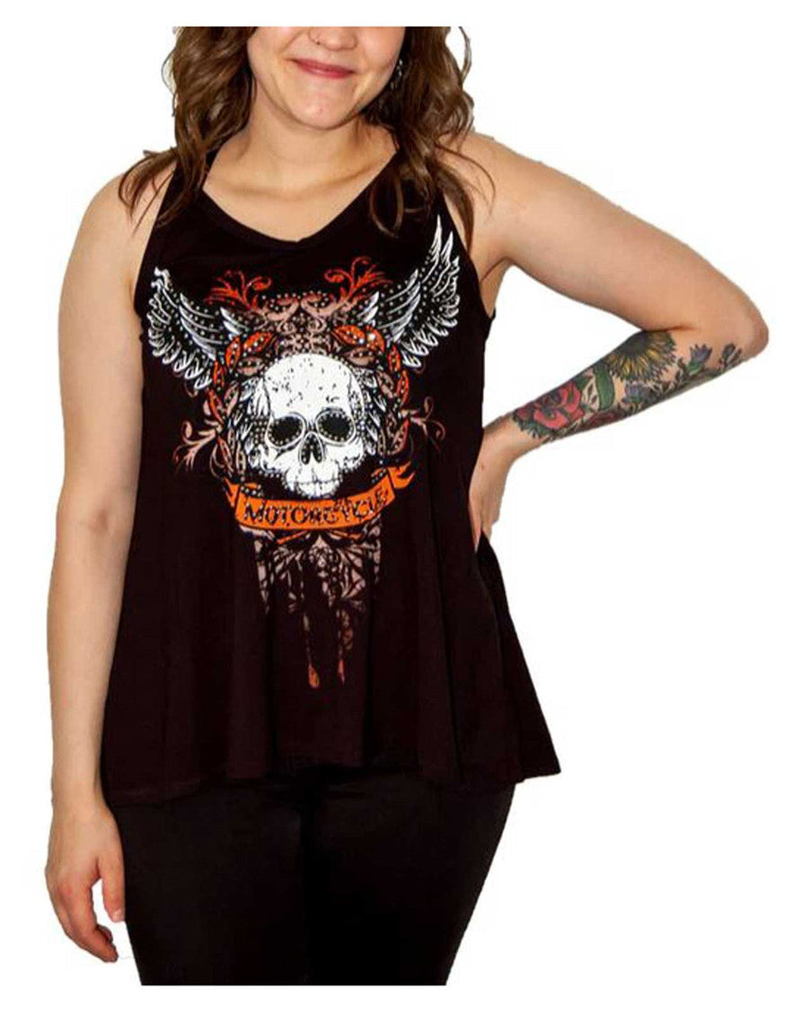 Liberty Wear Women's Embellished Laurel Skull Sleeveless Tank Top - Black