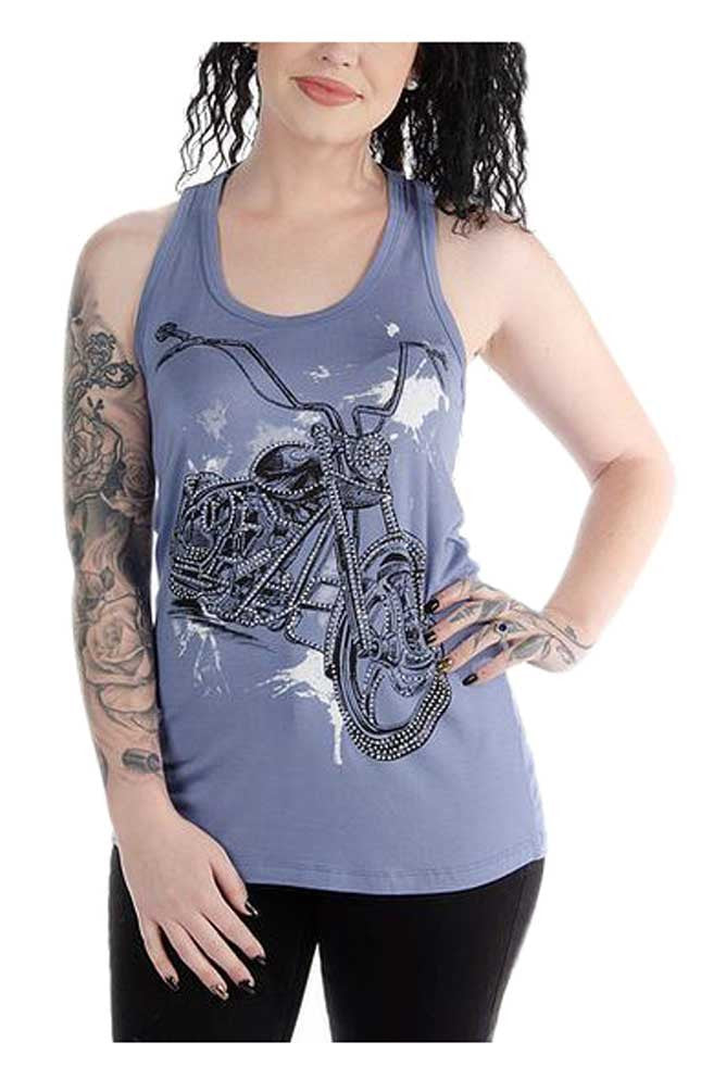 Liberty Wear Women's Twisted Splatter Bike Embellished Sleeveless Tank Top, Blue
