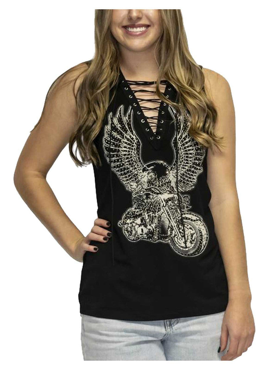 Liberty Wear Women's Embellished Soaring Eagle Bike Sleeveless Tank Top - Black