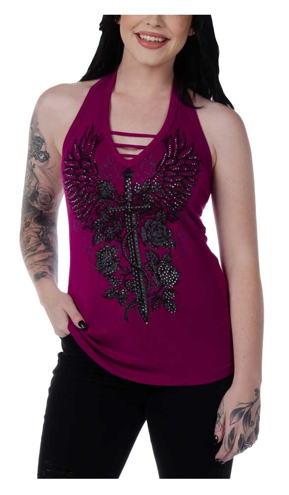Liberty Wear Women's Embellished Vengeance Dagger Halter Top - Magenta Pink