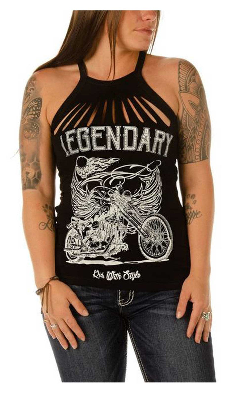 Liberty Wear Women's Embellished Ghost Rider Cut Sleeveless Tank Top - Black