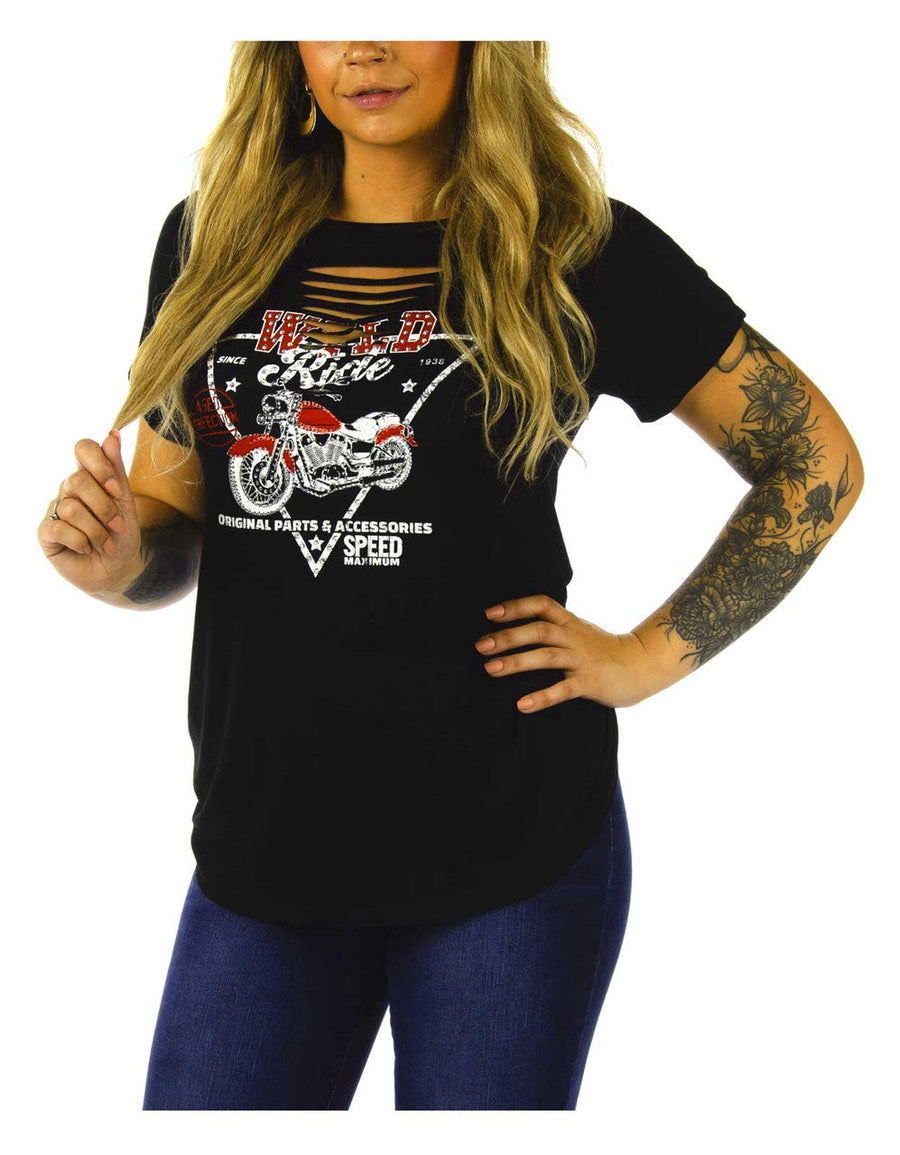 Liberty Wear Women's Embellished Wyld Ride Slit Neckline Short Sleeve Tee, Black
