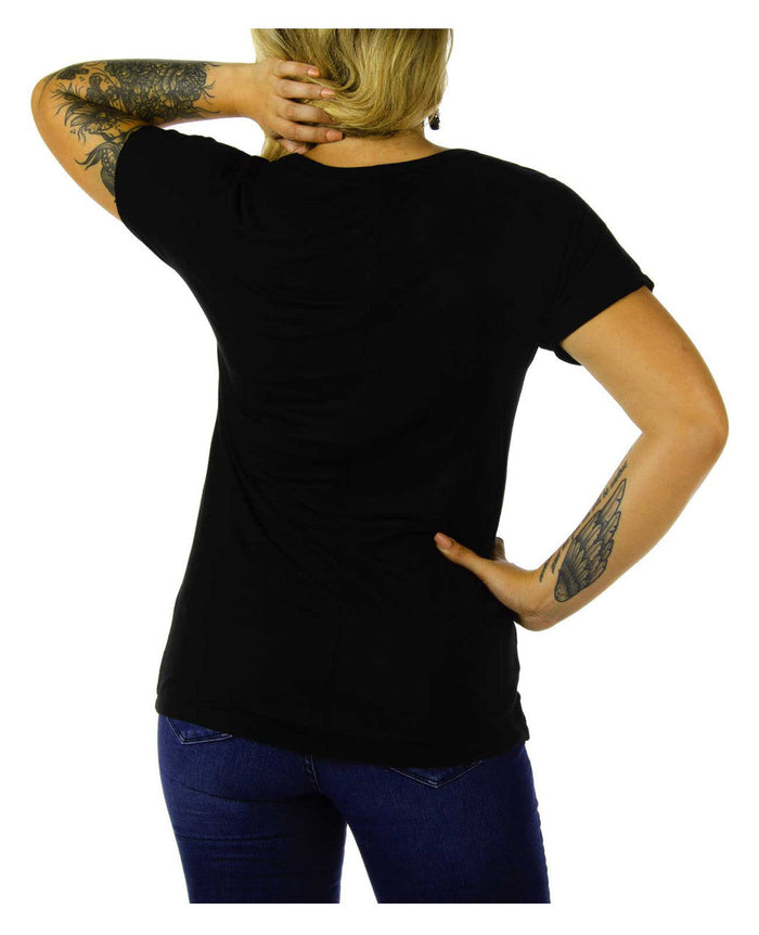 Liberty Wear Women's Embellished Wyld Ride Slit Neckline Short Sleeve Tee, Black