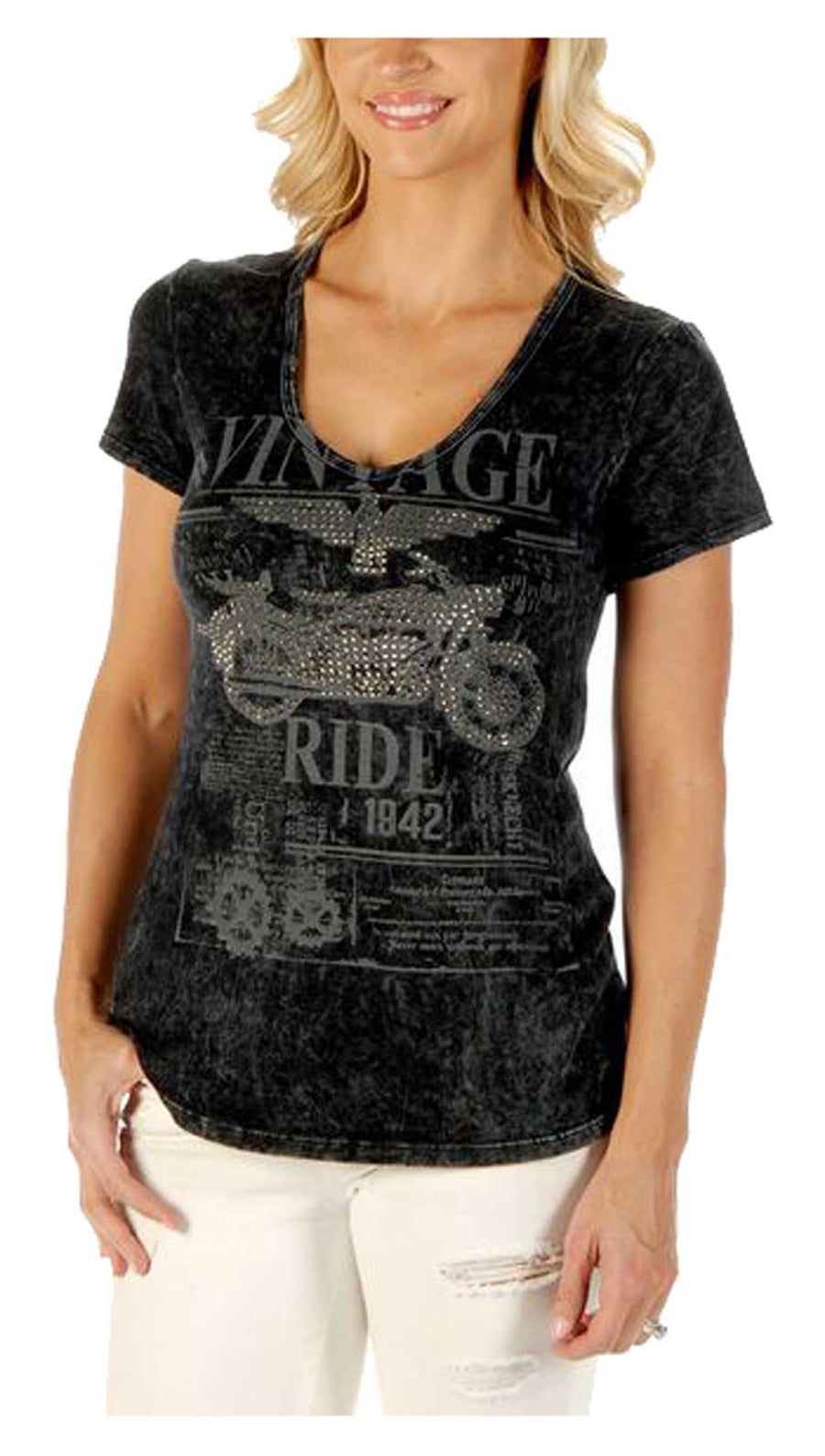 Liberty Wear Women's Vintage Ride Embellished V-Neck Short Sleeve Tee - Gray