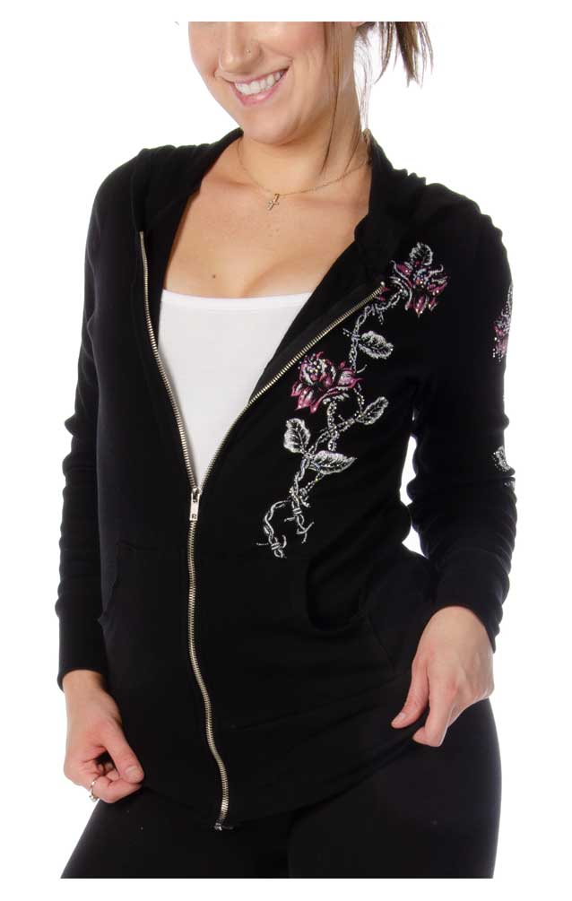 Liberty Wear Women's Barbed Wire & Roses Zip-Up Light-Weight Hoodie - Black
