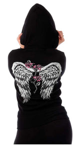 Liberty Wear Women's Barbed Wire & Roses Zip-Up Light-Weight Hoodie - Black