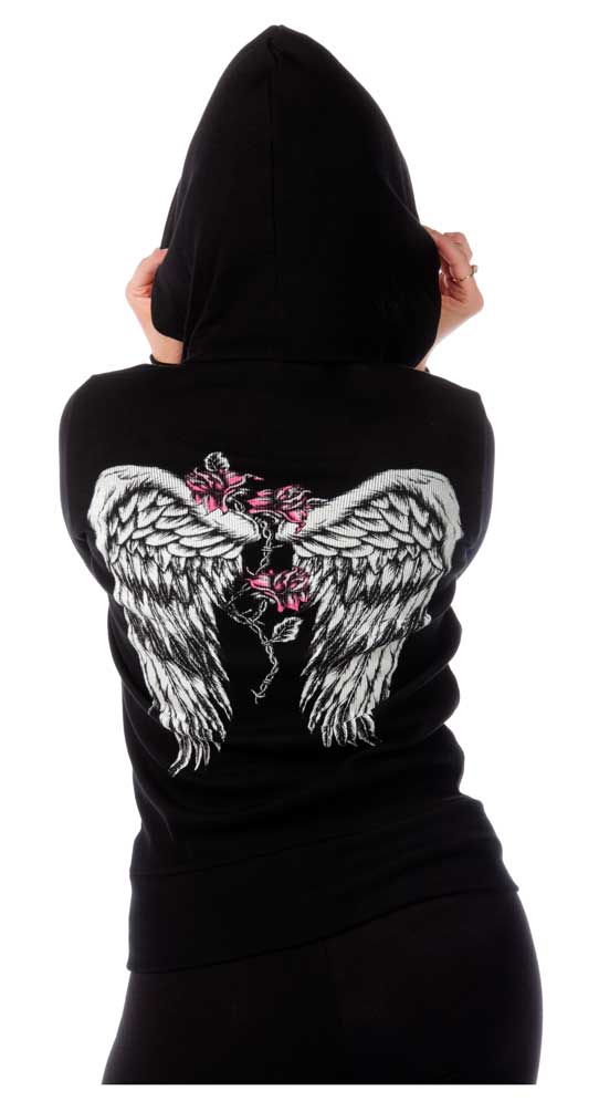 Liberty Wear Women's Barbed Wire & Roses Zip-Up Light-Weight Hoodie - Black