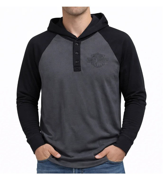 Harley-Davidson Men's Long Sleeve Raglan Henley with Hood, Gray