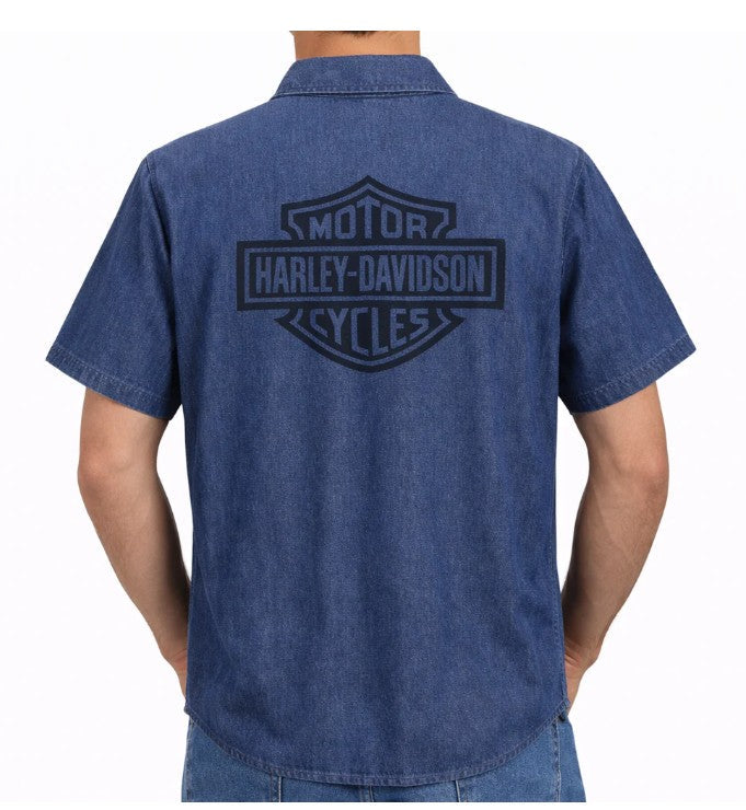 Harley-Davidson Men's Short Sleeve Chambray Shirt, Blue