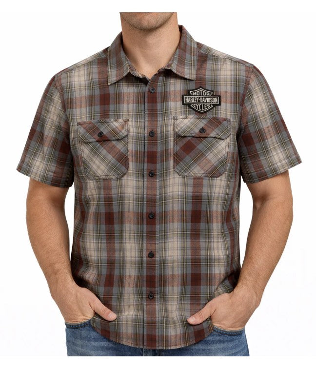 Harley-Davidson Men's Plaid Button Short Sleeve Shirt, Brown