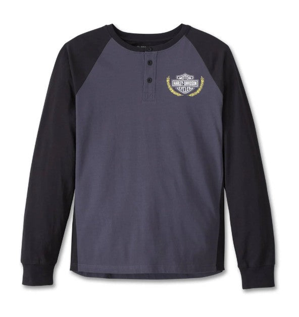 Harley-Davidson Men's Long Sleeve Henley Shirt, Trophy Bar & Shield Black