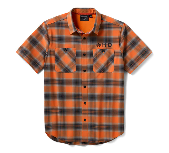 Men's H-D TECH Vented Stretch Comfort Shirt - Plaid - Harley Orange & Harley Black