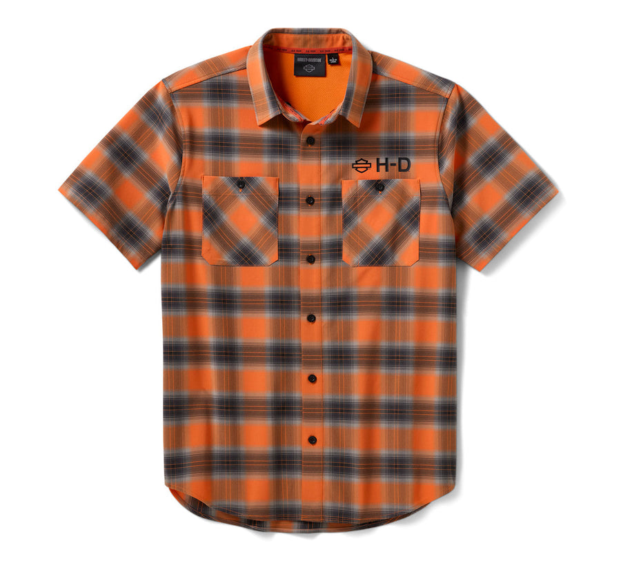 Men's H-D TECH Vented Stretch Comfort Shirt - Plaid - Harley Orange & Harley Black