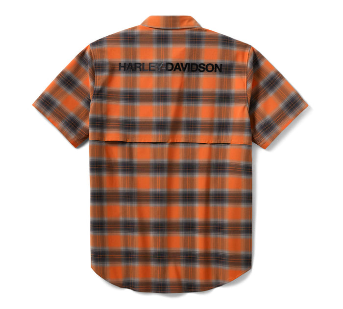 Men's H-D TECH Vented Stretch Comfort Shirt - Plaid - Harley Orange & Harley Black