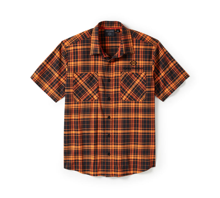 Men's H-D TECH Coolmax Plaid Short Sleeve Shirt - Plaid - Harley Black & Harley Orange