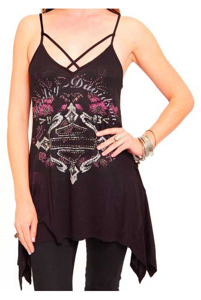 Harley-Davidson Women's Plum Fever V-Neck Tank Top, Shark Bite Bottom, Black