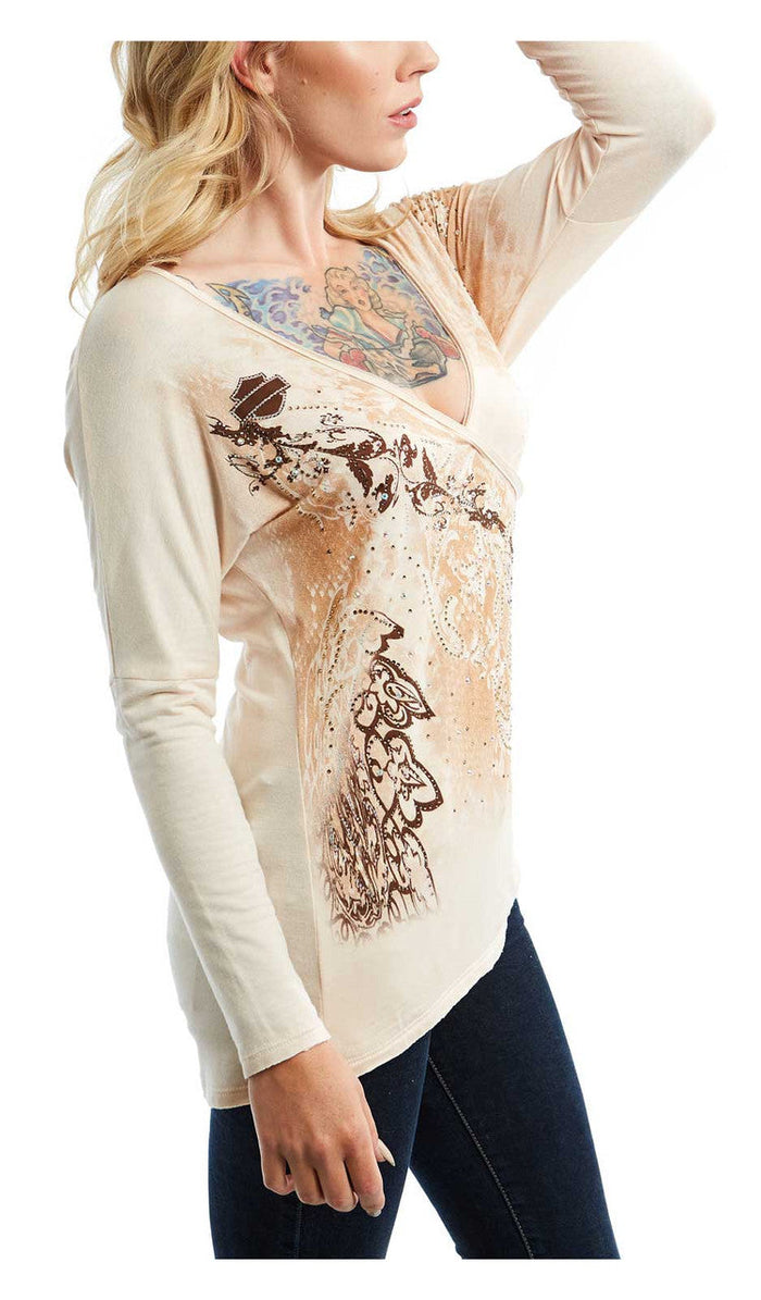 Harley-Davidson Women's Bling Victorian Elegance V-Neck Long Sleeve Top - Cream