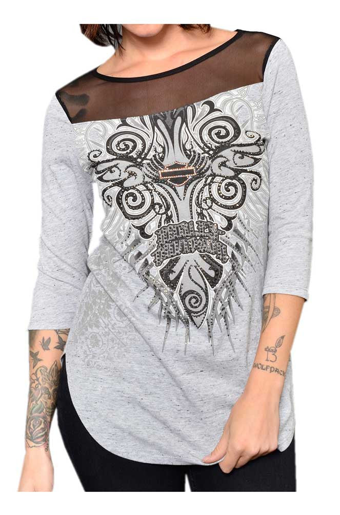 Harley-Davidson Women's Fall Fresh Embellished Mesh 3/4 Sleeve Top, Gray
