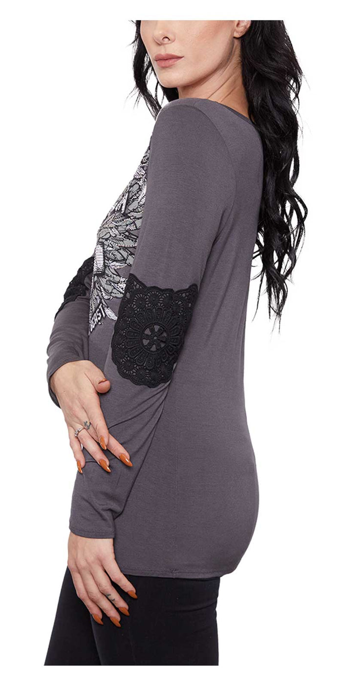 Harley-Davidson® Women's Embellished Unleashed Scoop Neck Long Sleeve Top - Gray