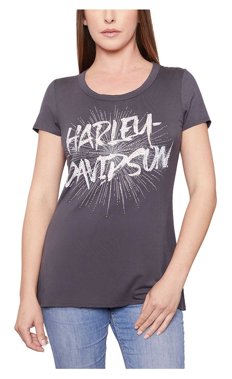 Harley-Davidson® Women's Embellished Burst Scoop Neck Short Sleeve Tee - Gray