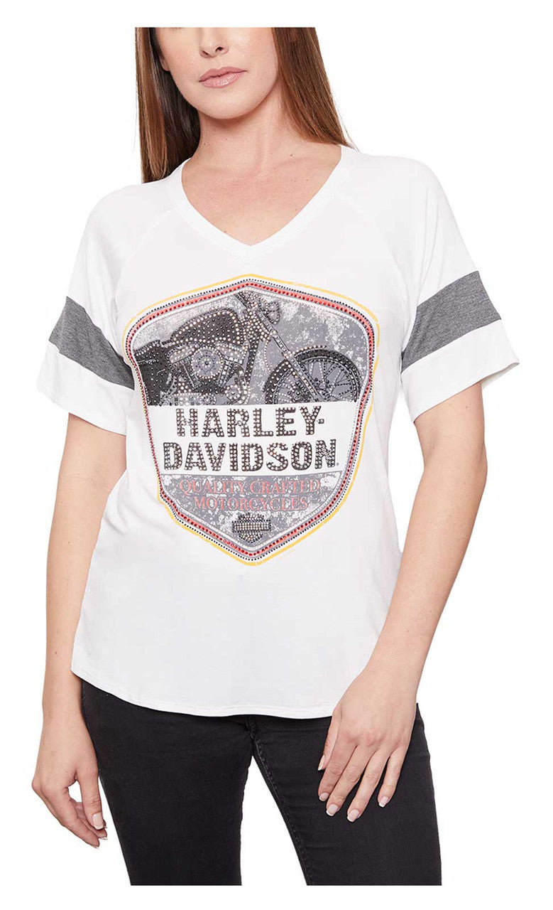 Harley-Davidson Women's Embellished Bike V-Neck Striped Short Sleeve Tee - White