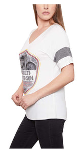 Harley-Davidson Women's Embellished Bike V-Neck Striped Short Sleeve Tee - White