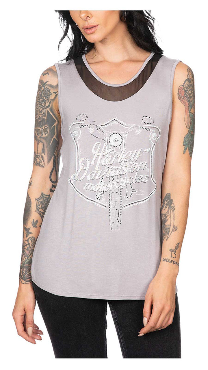 Harley-Davidson® Women's Embellished Mesh Back Sleeveless Tank Top - Gray