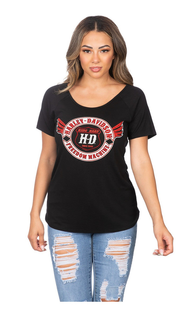 Harley-Davidson Women's Ride HDMC 'Freedom Machine' Scoop Neck Tee Shirt, Black