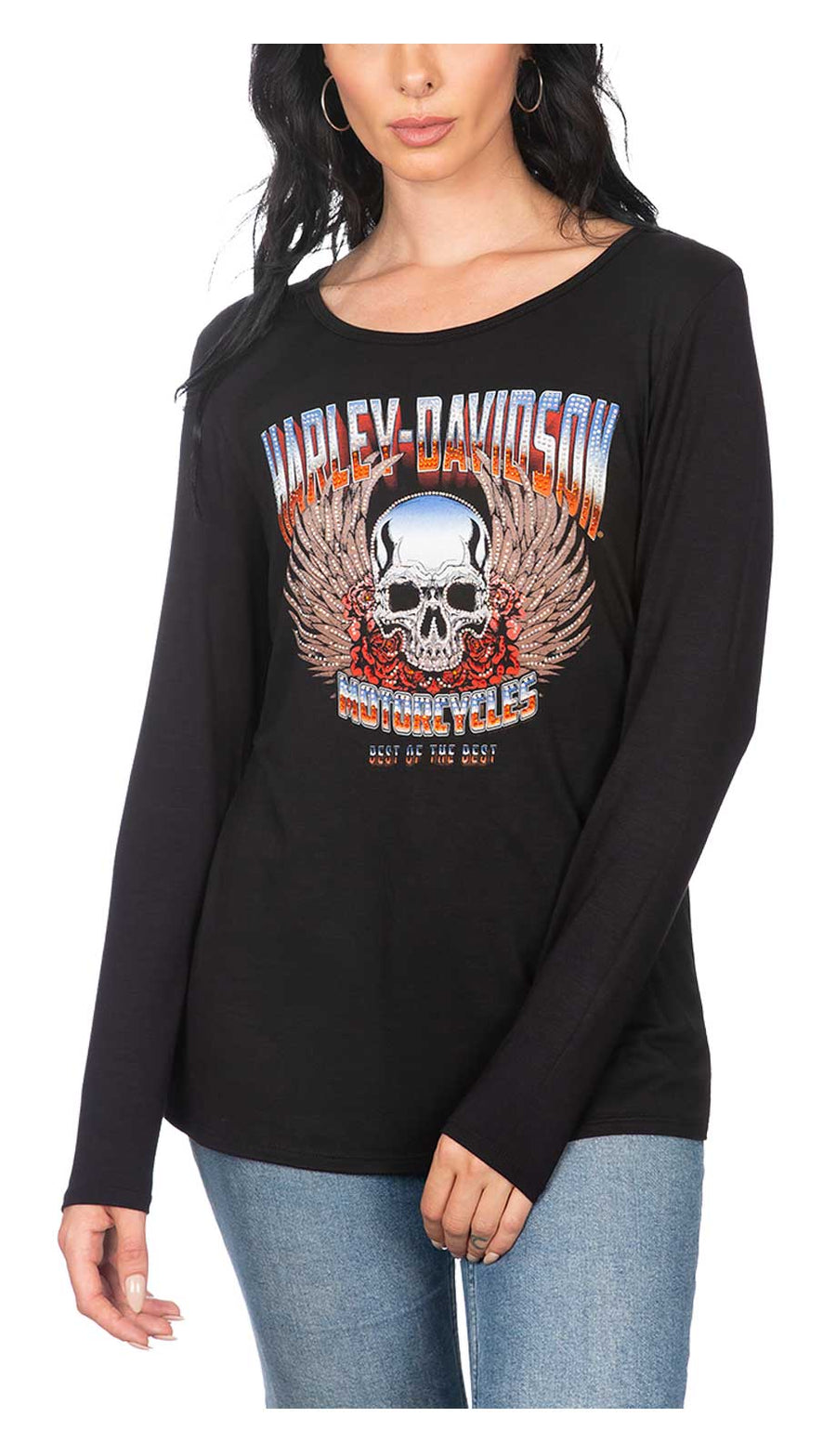 Harley-Davidson Women's Wild Rose Embellished Scoop Neck Long Sleeve Top - Black