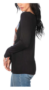 Harley-Davidson Women's Wild Rose Embellished Scoop Neck Long Sleeve Top - Black