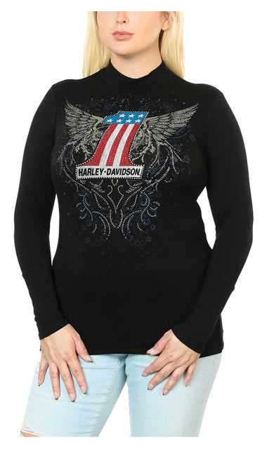 Harley-Davidson® Women's Embellished #1 Winged Mock Neck Long Sleeve Top - Black