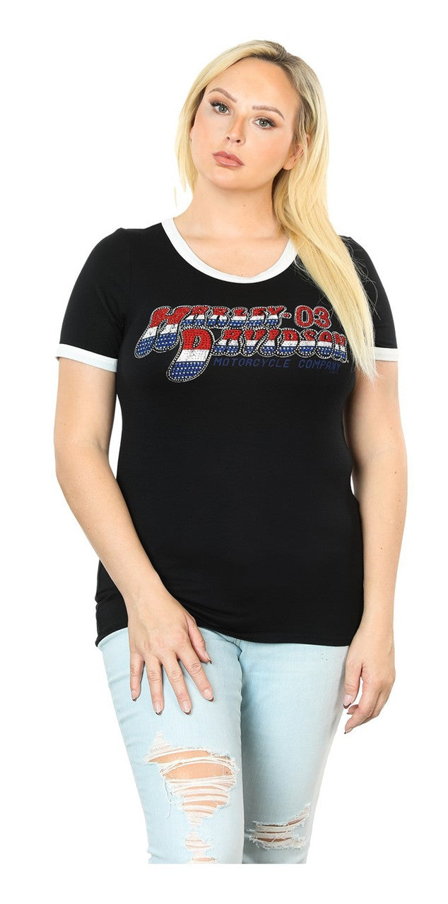 Harley-Davidson Women's Boho Glory Colorblock Trim Crew Neck Tee Shirt, Black