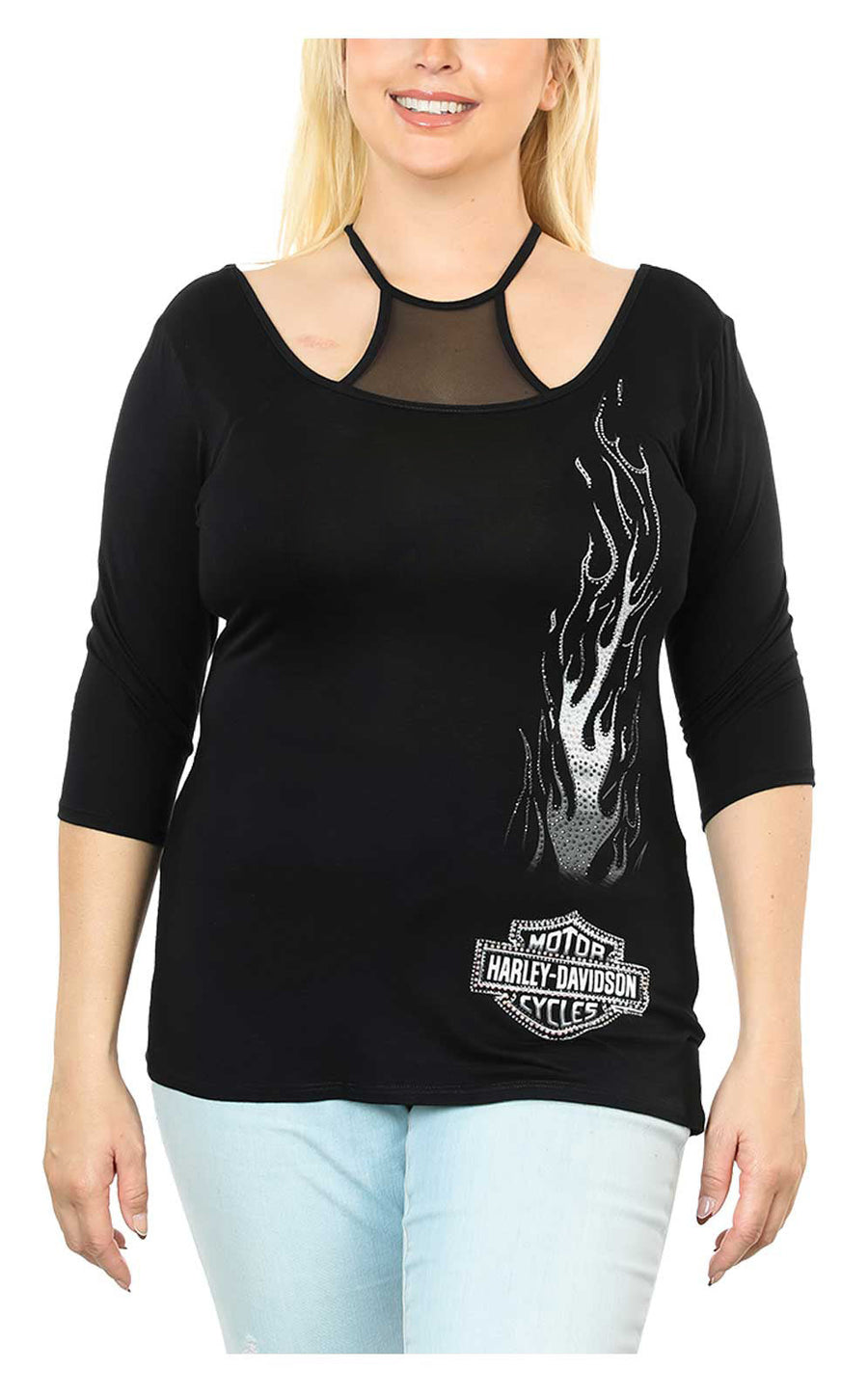 Harley-Davidson® Women's Embellished Flames B&S Mesh Neck 3/4 Sleeve Top - Black