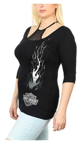 Harley-Davidson® Women's Embellished Flames B&S Mesh Neck 3/4 Sleeve Top - Black