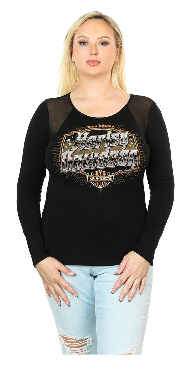 Harley-Davidson® Women's Aggressive Logo Mesh Detail Long Sleeve T-Shirt, Black