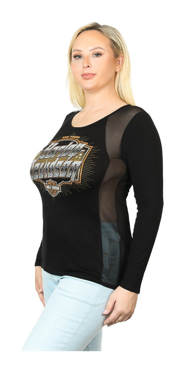 Harley-Davidson® Women's Aggressive Logo Mesh Detail Long Sleeve T-Shirt, Black