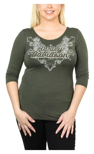 Harley-Davidson® Women's Embellished Iron Flame 3/4 Sleeve Top - Olive Green