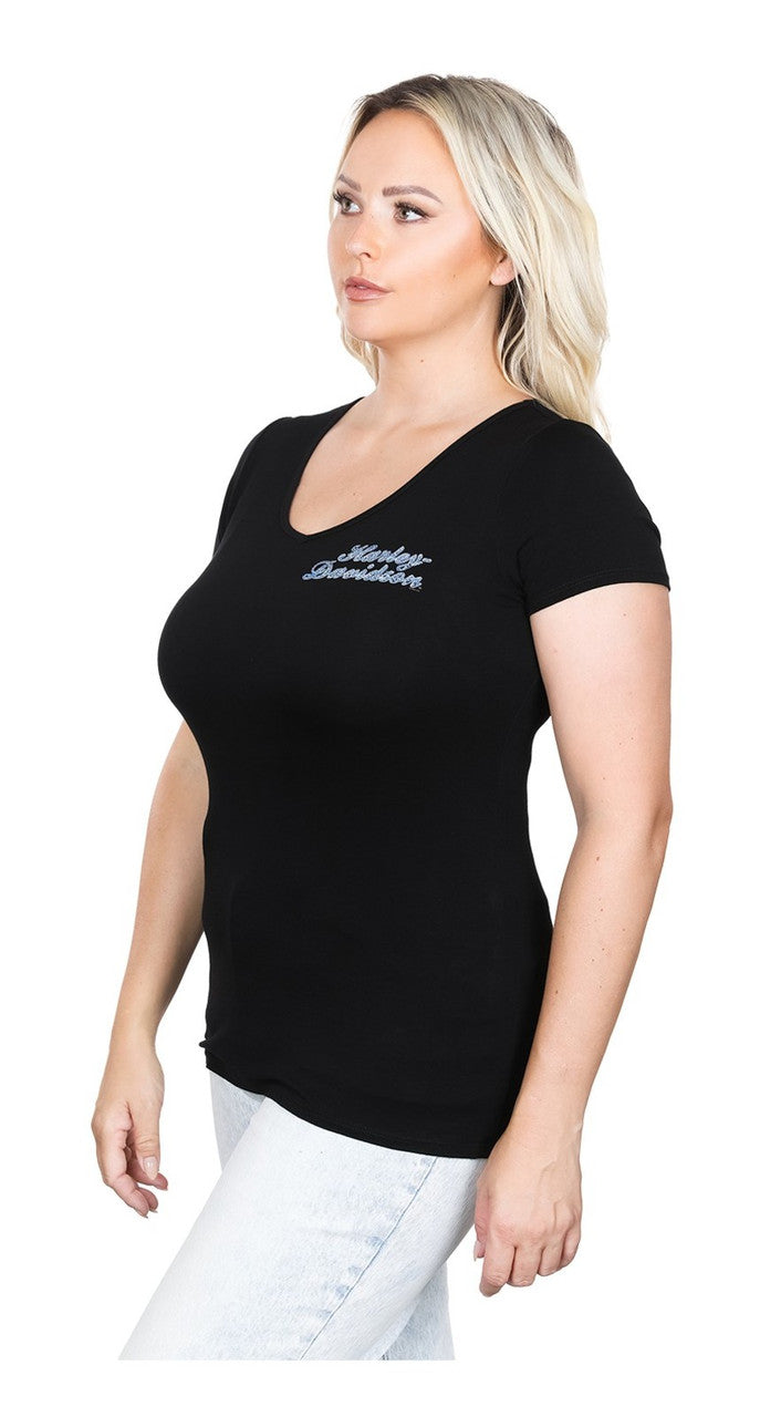 Harley-Davidson® Women's Acid Chrome Short Sleeve V-Neck Tee Shirt, Black