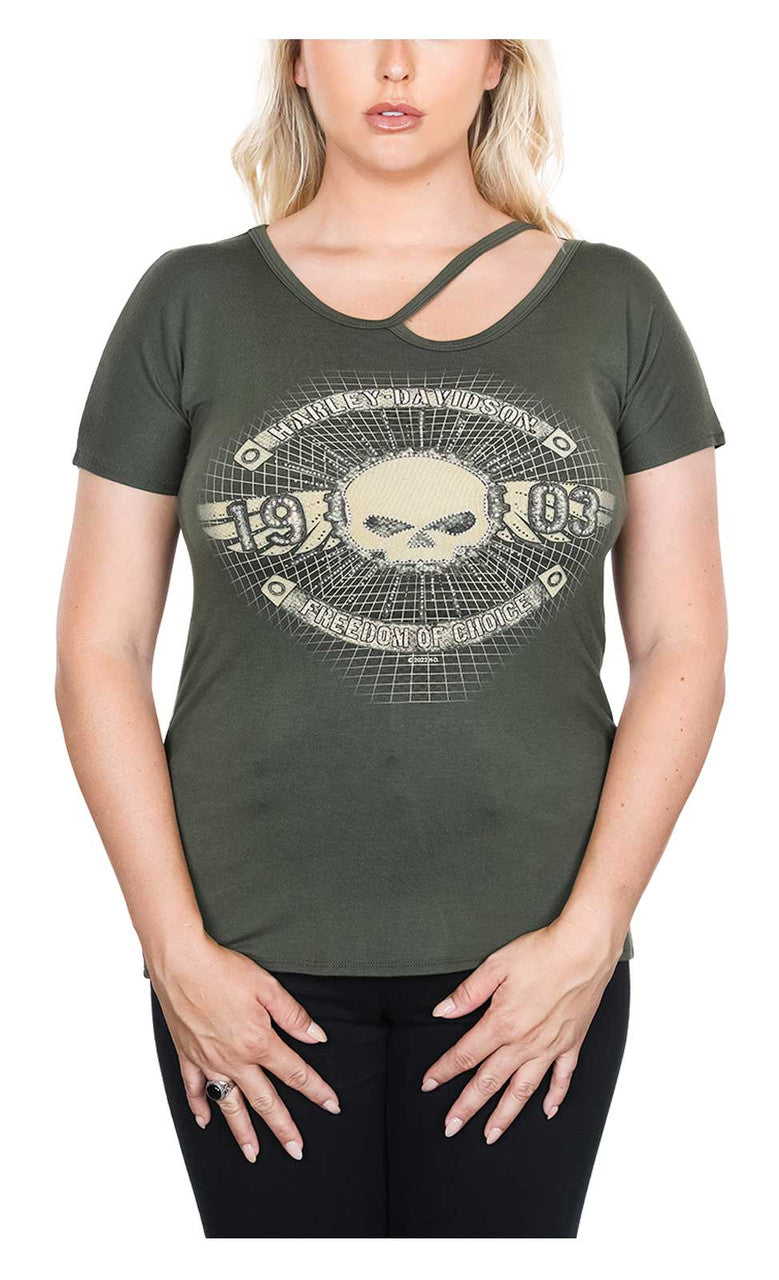 Harley-Davidson® Women's Embellished Skull Cutout Round Neck Short Sleeve Tee