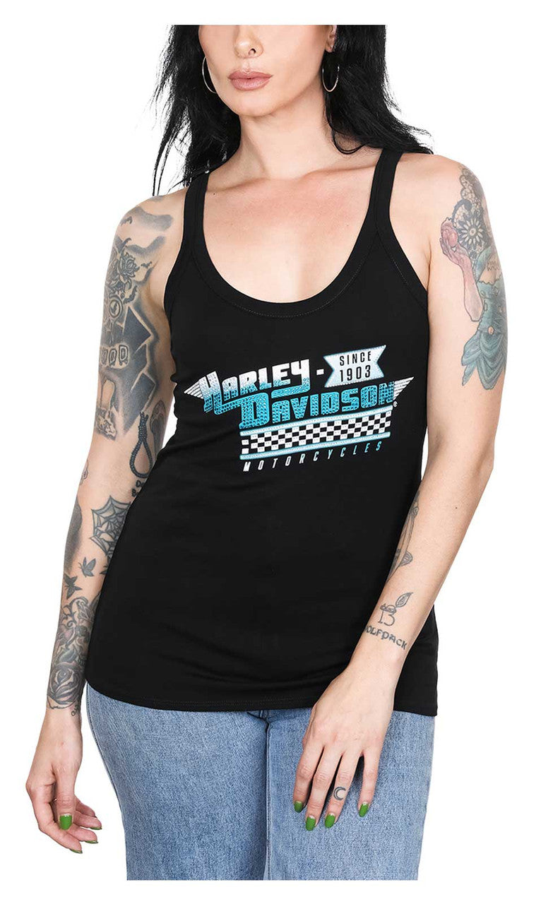 Harley-Davidson Women's Embellished Racing Racerback Sleeveless Tank Top - Black