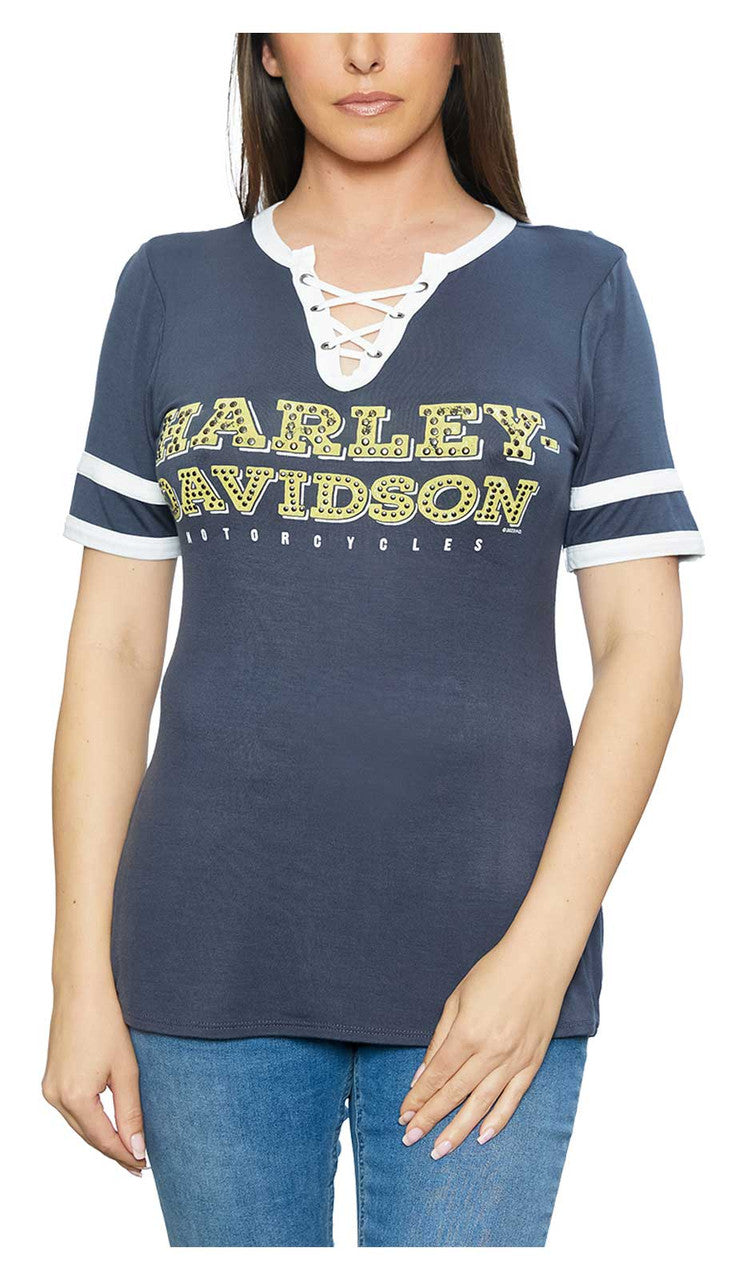 Harley-Davidson Women's Gutenberg Guide Short Sleeve Laced V-Neck Tee - Gray