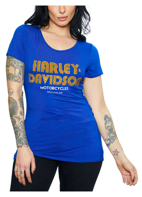 Harley-Davidson® Women's Embellished Marque Short Sleeve Scoop Neck Tee - Royal