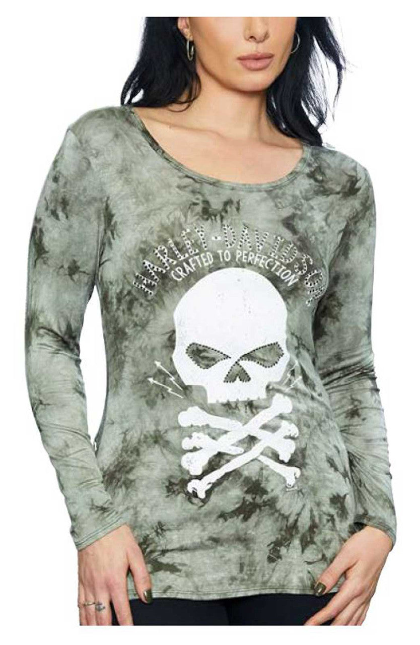 Harley-Davidson Women's Road Ahead V-Neck Long Sleeve Shirt - Tie Dye Green