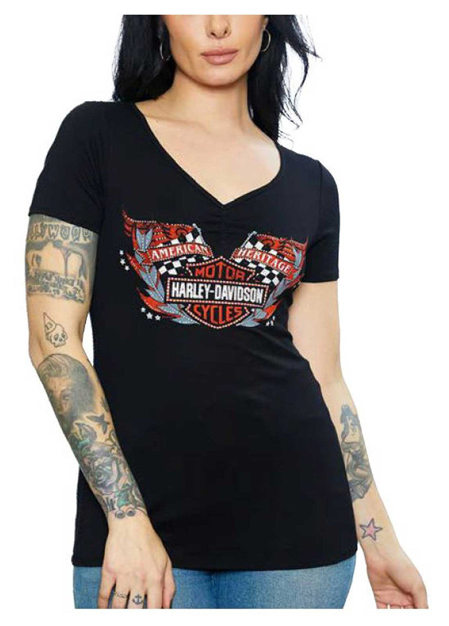 Harley-Davidson® Women's Embellished Me First Racing Short Sleeve V-Neck Tee