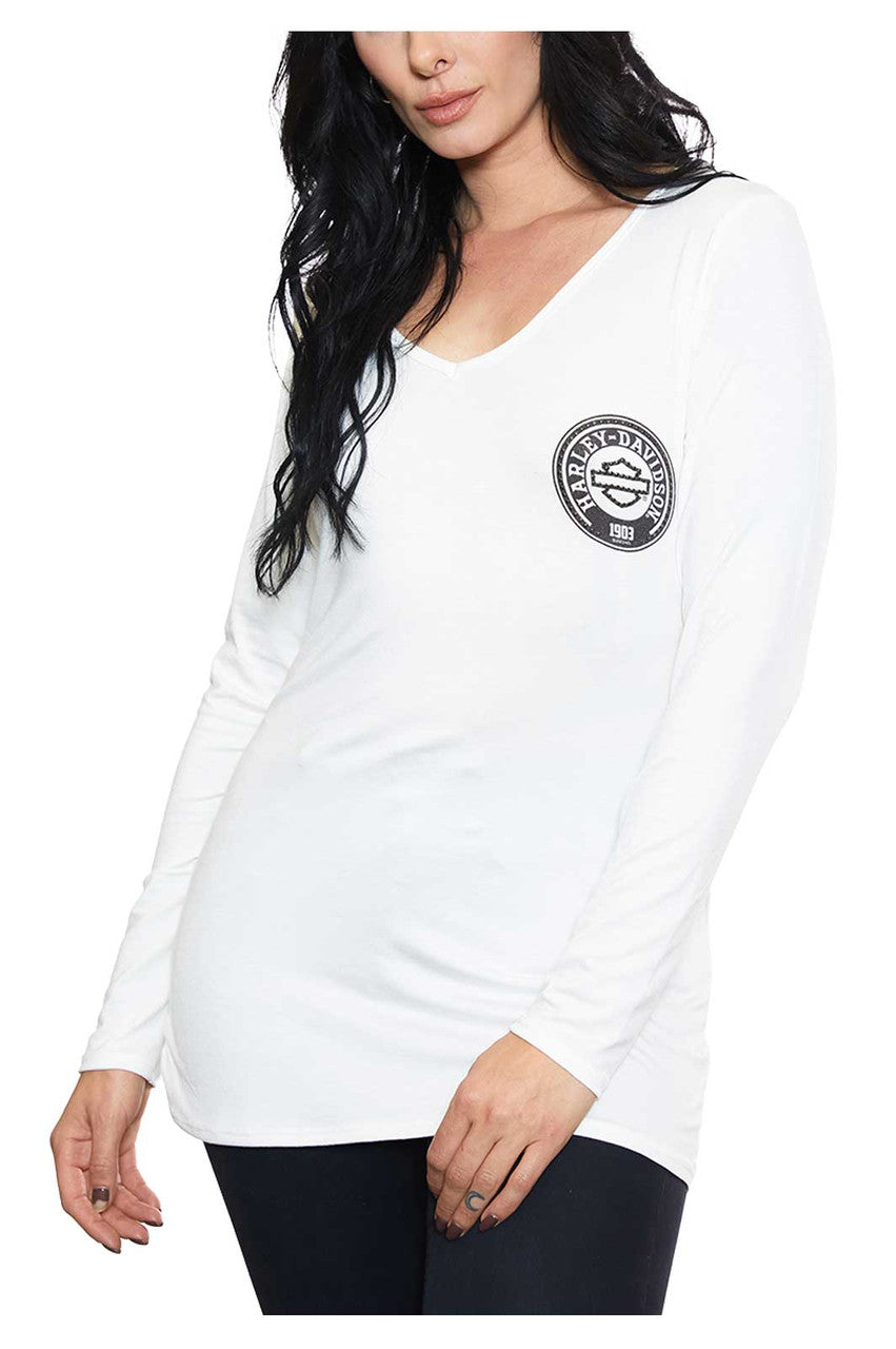 Harley-Davidson® Women's Classic Patch B&S Long Sleeve V-Neck Shirt - White